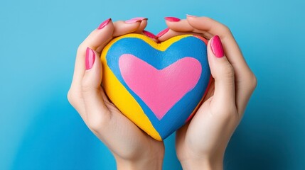 Colorful Painted Heart Held by Hands Against Blue Background