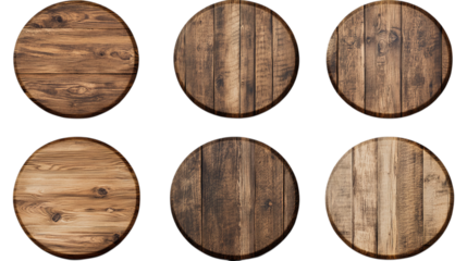Set of wooden round boards with a rustic texture, isolated on transparent background