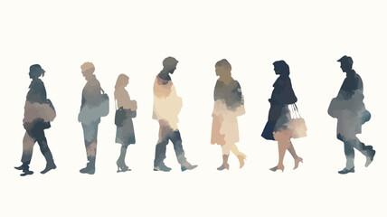 Obraz premium The image depicts a series of eight stylized human silhouettes walking in a line against a white background. The figures are rendered in a watercolor style, with soft, muted color gradients in