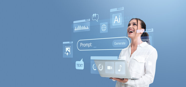 Woman using futuristic AI-powered interface with floating digita