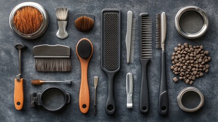 Artistic Arrangement of Various Grooming Tools on a Dark Surface