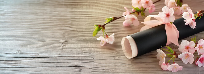 卒業証書と桜/卒業・青春と爽やかな門出のコンセプトイメージ