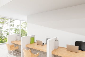 Modern minimalist office workspace with wooden desks and ergonomic chairs. 3D Rendering