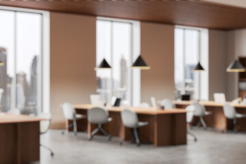 Modern Office Interior with Blurred Cityscape View. 3D Rendering