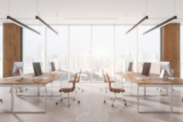 Modern office interior with desks and computers. 3D Rendering