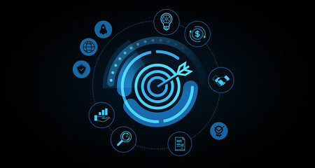 Abstract futuristic digital target with business strategy icons. 3D Rendering © ImageFlow