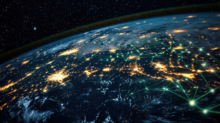 satellite view of Earth at night shows illuminated cities and green network lines, symbolizing global connectivity and technology. starry sky adds sense of wonder
