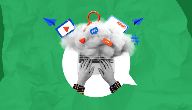 Hands typing on a laptop with a cloud of digital icons representing social media, news, and communication on a green textured background. - Powered by Adobe