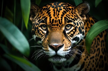 Obraz premium Intense Portrait of a Jaguar Hidden Among Lush Green Foliage in a Dense Tropical Forest Environment Emphasizing Natural Beauty and Wildness