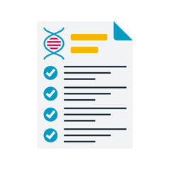 DNA Report Flat design style, checklist document with a DNA strand, ideal for genetics, biology, and medical research illustrations.
