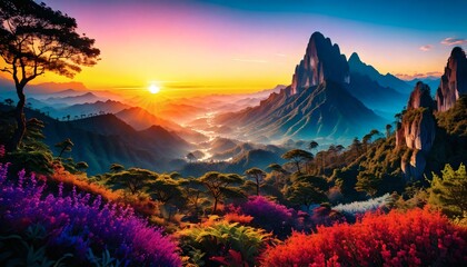 Majestic landscape featuring a dramatic mountain range bathed in warm golden light from a setting sun. 