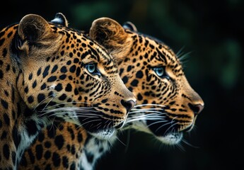 Fototapeta premium Intense Portraits of Two Majestic Leopards with Striking Yellow Coats and Stunning Blue Eyes, Showcasing Their Natural Elegance and Grace in Wildlife Environment