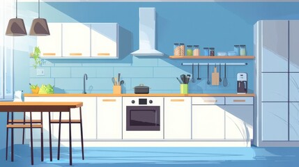Modern Bright Kitchen Interior with White Cabinets and Blue Walls