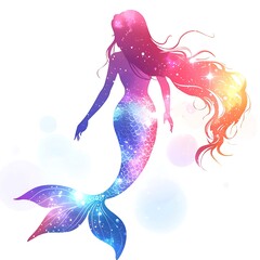 Obraz premium Mystical Mermaid Silhouette with Rainbow Scales and Flowing Hair. A vibrant illustration perfect for fantasy, fairytale, and magical themes.