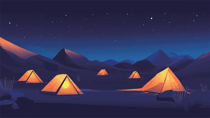 A digital painting depicting a night scene in a mountain valley.  Several illuminated tents are scattered across the foreground, emitting a warm orange glow against the dark blue-purple tones of