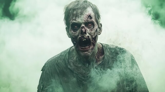 Cinematic horror movie scene with zombie transformation, filmed on green screen stage