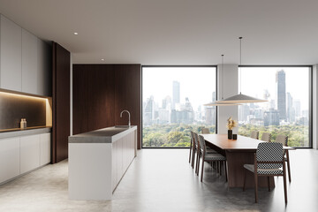 Modern kitchen and dining area with city skyline view through large windows. 3D Rendering