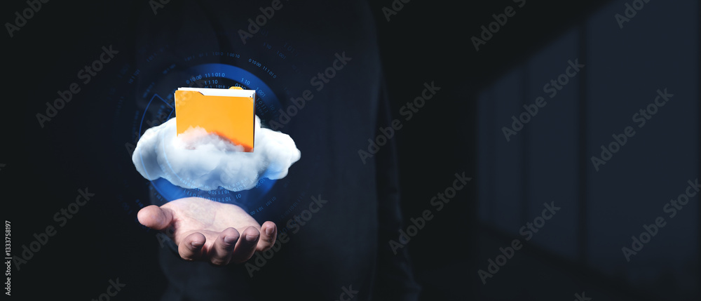 Poster cloud data management concept with a floating folder above a digital cloud.