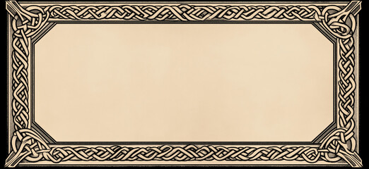 Black intricate viking inspired border design framing old parchment background, creating antique, historical feel.