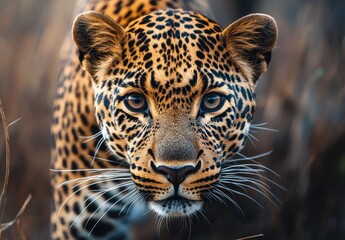 Obraz premium Intimate Portrait of a Leopard Close-Up with Striking Spots and Intense Gaze Amidst Natural Habitat in Golden Light