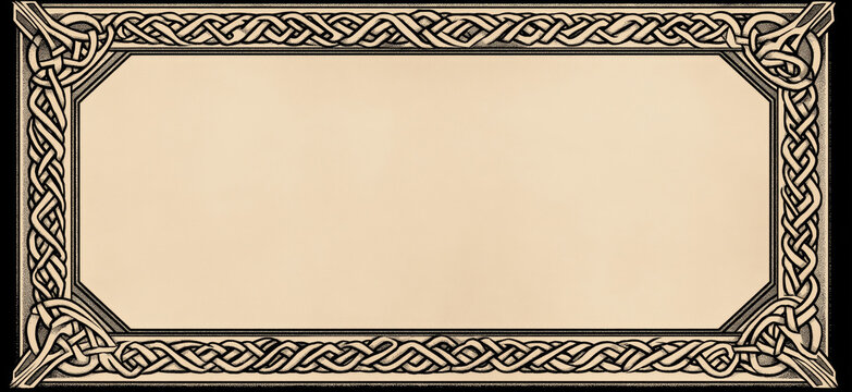 Black intricate viking inspired border design framing old parchment background, creating antique, historical feel.