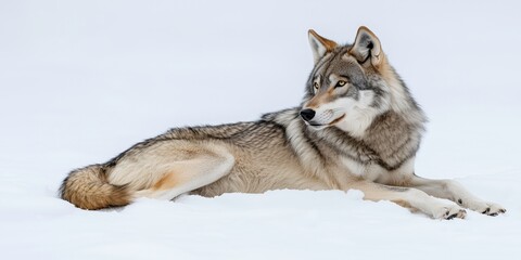 Fototapeta premium Lone Wolf in the Snow: A majestic wolf with striking fur, rests elegantly in a snowy, winter landscape, its gaze alert and captivating. The serene setting highlights the animal's raw, natural beauty.
