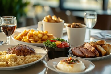 A burger with cheese and bacon on a bun sits on a plate next to a side of fries