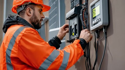 Tech Expert at Work: A focused technician in vibrant safety gear, meticulously inspecting and repairing a complex electrical panel, symbolizing expertise and precision in modern technology.