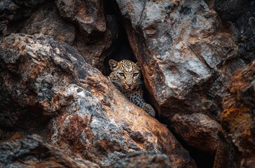 Leopard Camouflaged Among Rocky Terrain with Intense Gaze, Evoking Wilderness and Natural Predation in a Stunning Environment