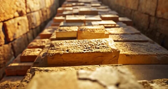 Golden Hour Light on Stacked Brown Bricks