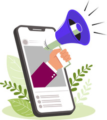 Illustration of a smartphone with a hand holding a red amplifier appearing from the phone, conveying an announcement.
