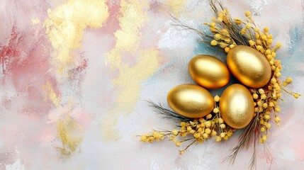 A festive Easter card with embossed golden eggs and a hand-painted mimosa wreath, gently placed on a textured watercolor background
