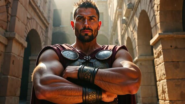 An Epic Gladiator Standoff Taking Place in an Ancient Arena Setting