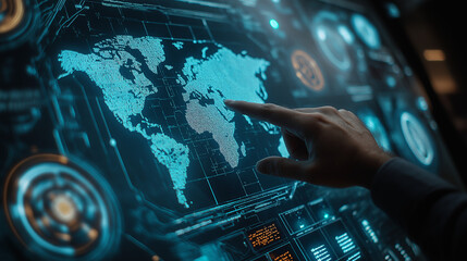 a hand points to a digital world map . Holographic screens show graphs, emphasizing advanced tech in global trade and interconnected business environments.