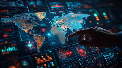 a hand points to a digital world map . Holographic screens show graphs, emphasizing advanced tech in global trade and interconnected business environments.