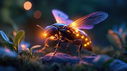 Fototapeta premium Glowing Insect with Bioluminescent Wings on Dark Forest Floor