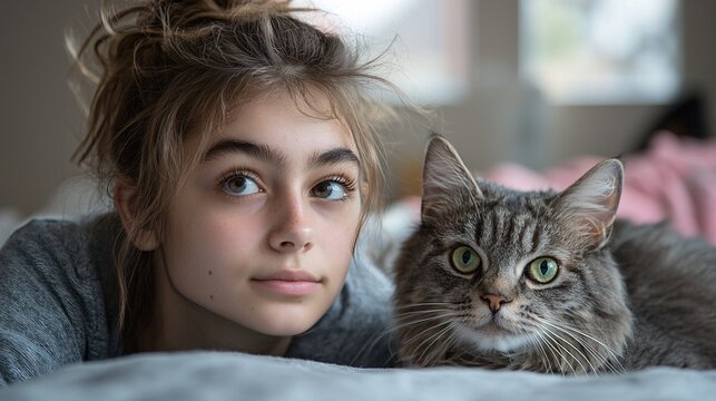 Young girl and fluffy gray cat relaxing together indoors peacefully