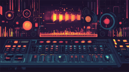 Obraz premium A digital illustration depicting a stylized digital audio workstation (DAW) interface. The image features a dark background with a prominent mixing console in the foreground, featuring numerous