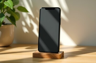 Smartphone on Wooden Stand with Leaf Shadow Backdrop