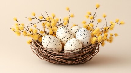 Obraz premium A pastel-colored Easter nest made from twigs, holding speckled eggs and tiny mimosa flowers, isolated on a soft cream background
