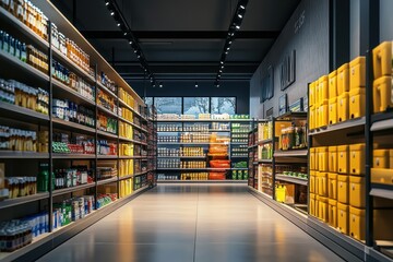 A large grocery store with aisles of food and a freezer section