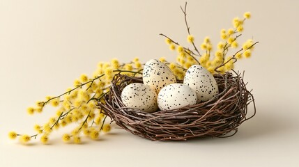 Obraz premium A pastel-colored Easter nest made from twigs, holding speckled eggs and tiny mimosa flowers, isolated on a soft cream background