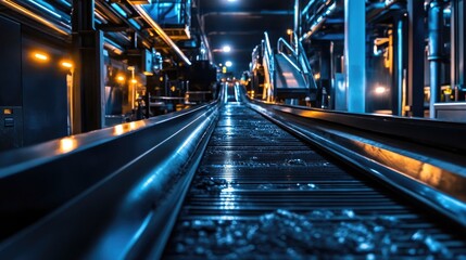 Fototapeta premium Industrial Conveyor Belt at Night in a Modern Factory Setting