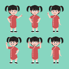 Cute Chinese Girl Cartoon Character Collections Set