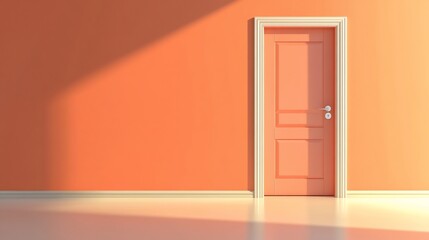 Minimalistic interior scene featuring a door against an orange wall with sunlight