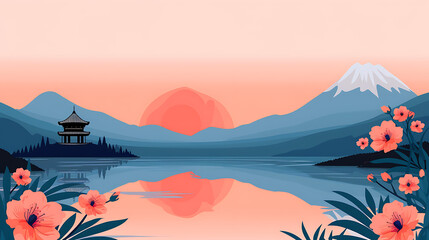 Serene Asian Lake Sunset with Pagoda and Mount Fuji