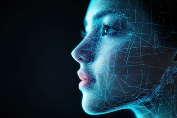 A woman's face is shown in a blue and white pattern