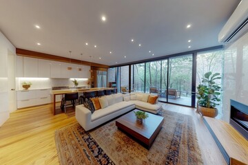 A large living room with a wooden floor and a wooden ceiling