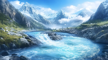 Pristine glacial river winding through rocky valley sculpted by ice and time with sparkling water gliding over ancient stones