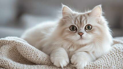 Obraz premium Adorable fluffy cat resting on cozy knitted blanket indoors